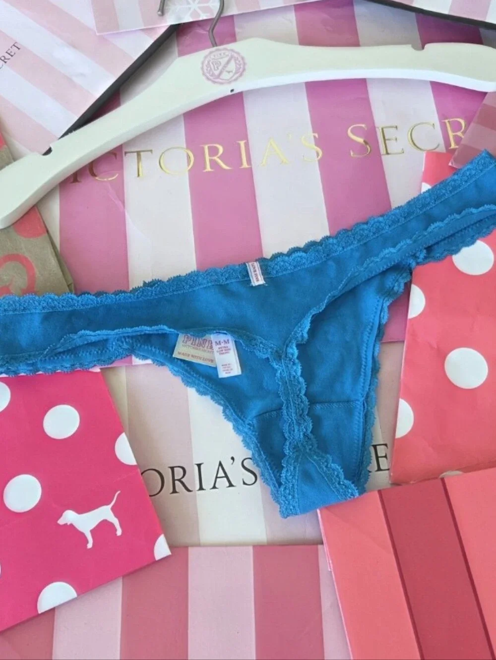 Victoria's Secret PINK VTG Blue LOVE PINK Glitter Thong Panty NWT HTF RARE Y2K